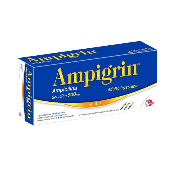 AMPIGRIN ADULTO (Ampicilina+Metamizol+Guaifenesina+Lidocaina+Clorfenamina) SOL. INY. C/3 FCO. AMP. 500 MG. Y 3 JERINGAS. COLLINS