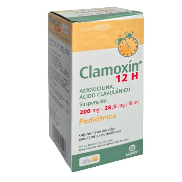CLAMOXIN (Amoxicilina+Ácido Clavulánico) 200-28.5 MG/5 ML. 12H SUSP. PEDIATRICO FCO. 40 ML. MAVER