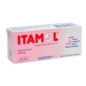 ITAMOL (Subsalicilato de Bismuto) 262 MG. C/24 TABS. MASTICABLES MAVI