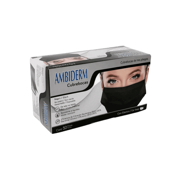 CUBREBOCAS ADULTO 3 PLIEGUES COLOR NEGRO CAJA C/50 PZAS. AMBIDERM