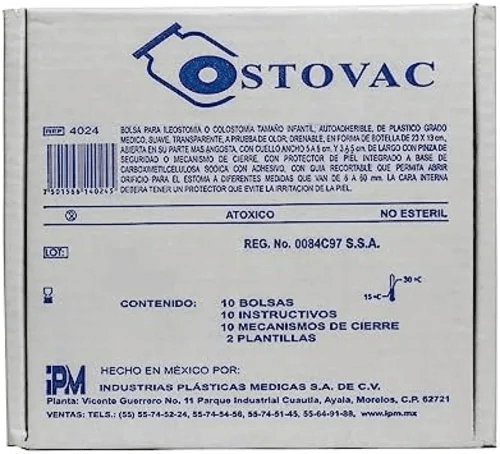 BOLSA PARA ILEOSTOMIA Y COLOSTOMIA ADULTO AUTOADHERIBLE C/10 PZA. MOD. 4021 OSTOVAC. IPM